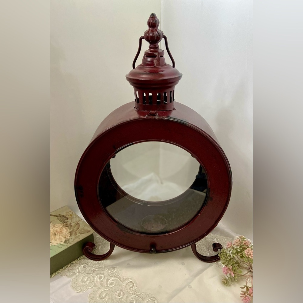 Home Burgundy Large Porthole Metal‎ Lantern Candle Holder Garden Lamp Decoration
